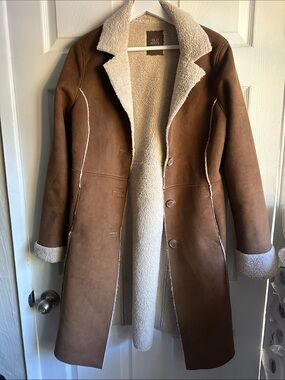 Old Navy brown faux suede coat with white faux fur lining